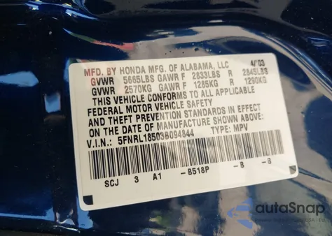 2003 Honda Odyssey Lx из США, поврежденный, VIN 5FNRL18503B094844